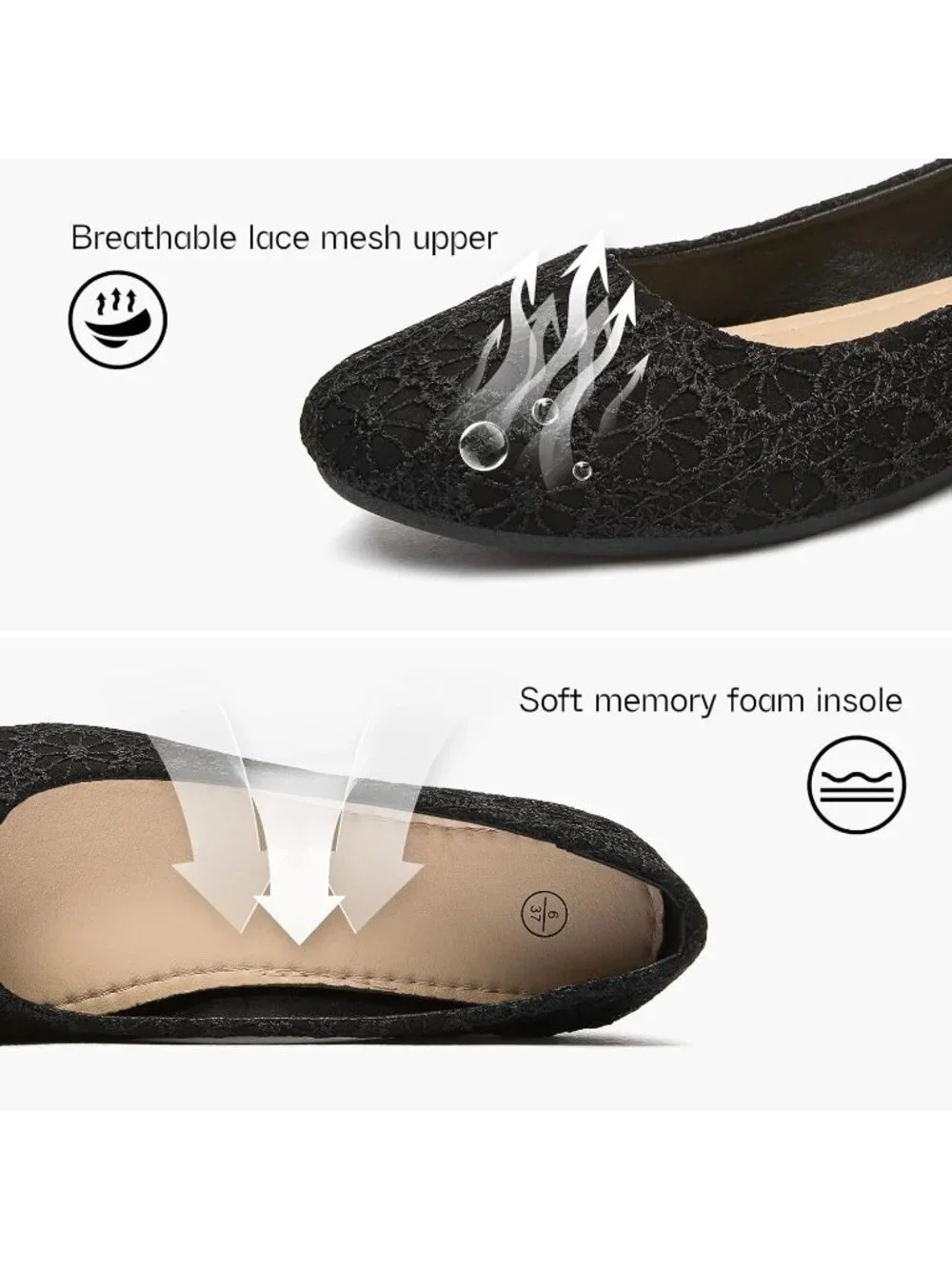 Women's Dark Black Shoes Round Toe Shoes Lace Ballet Flats Dressy Comfortable